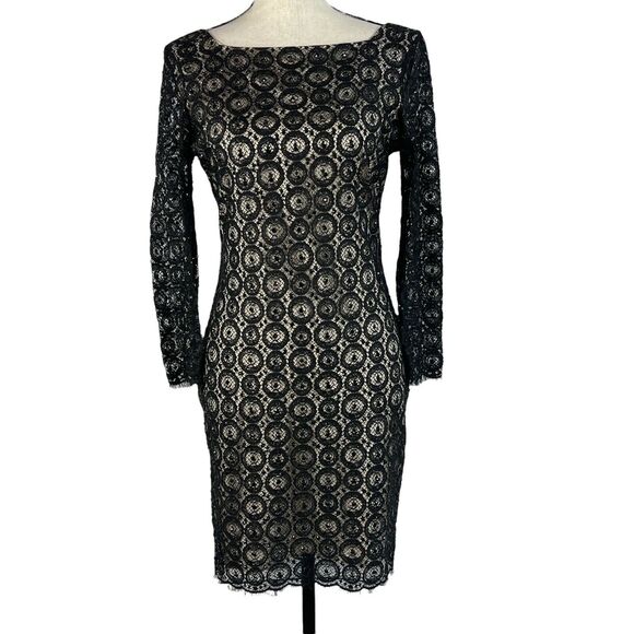 Diane von Furstenberg SZ 6 Dress Geometric Lace Lined Square Neck 3/4 Sleeve